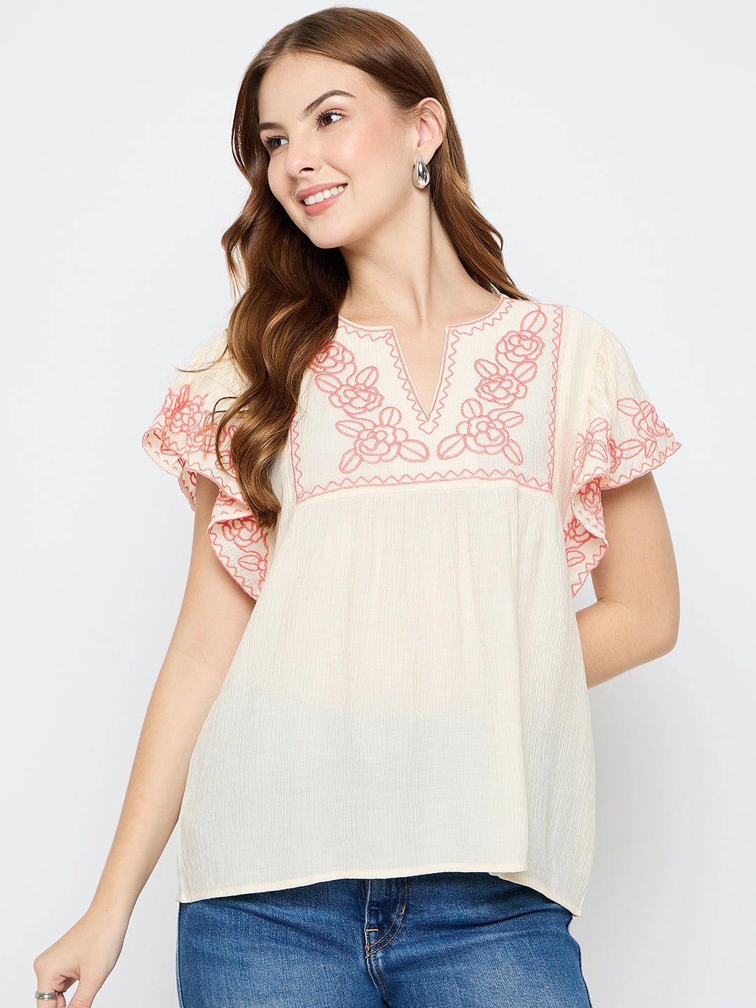 Madame Embroidered Rayon Blend Beige Top YarnDye Technique