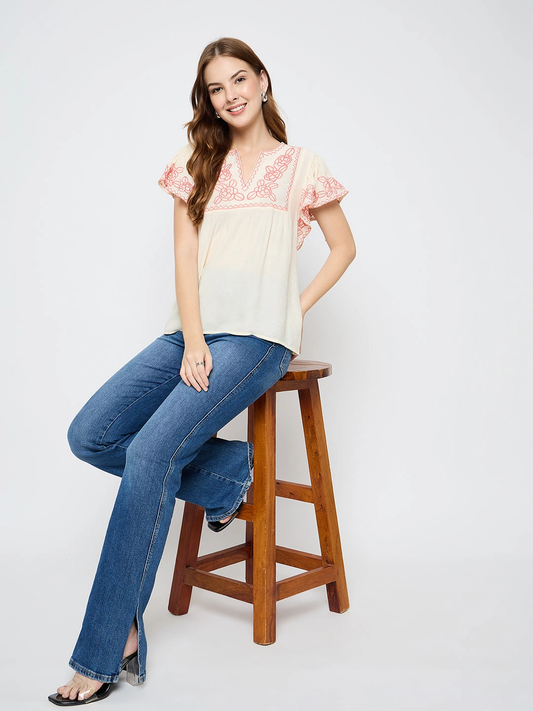 Madame Embroidered Rayon Blend Beige Top Self Fabric Tie Closure Activewear Top