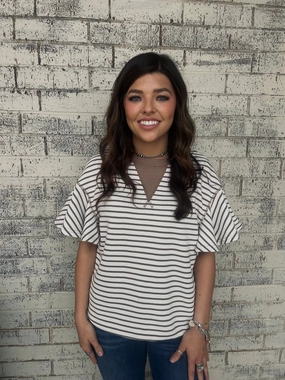 Parchment Contrast Striped Ruffle Short Sleeve Top CompressionFit Smooth Stitching