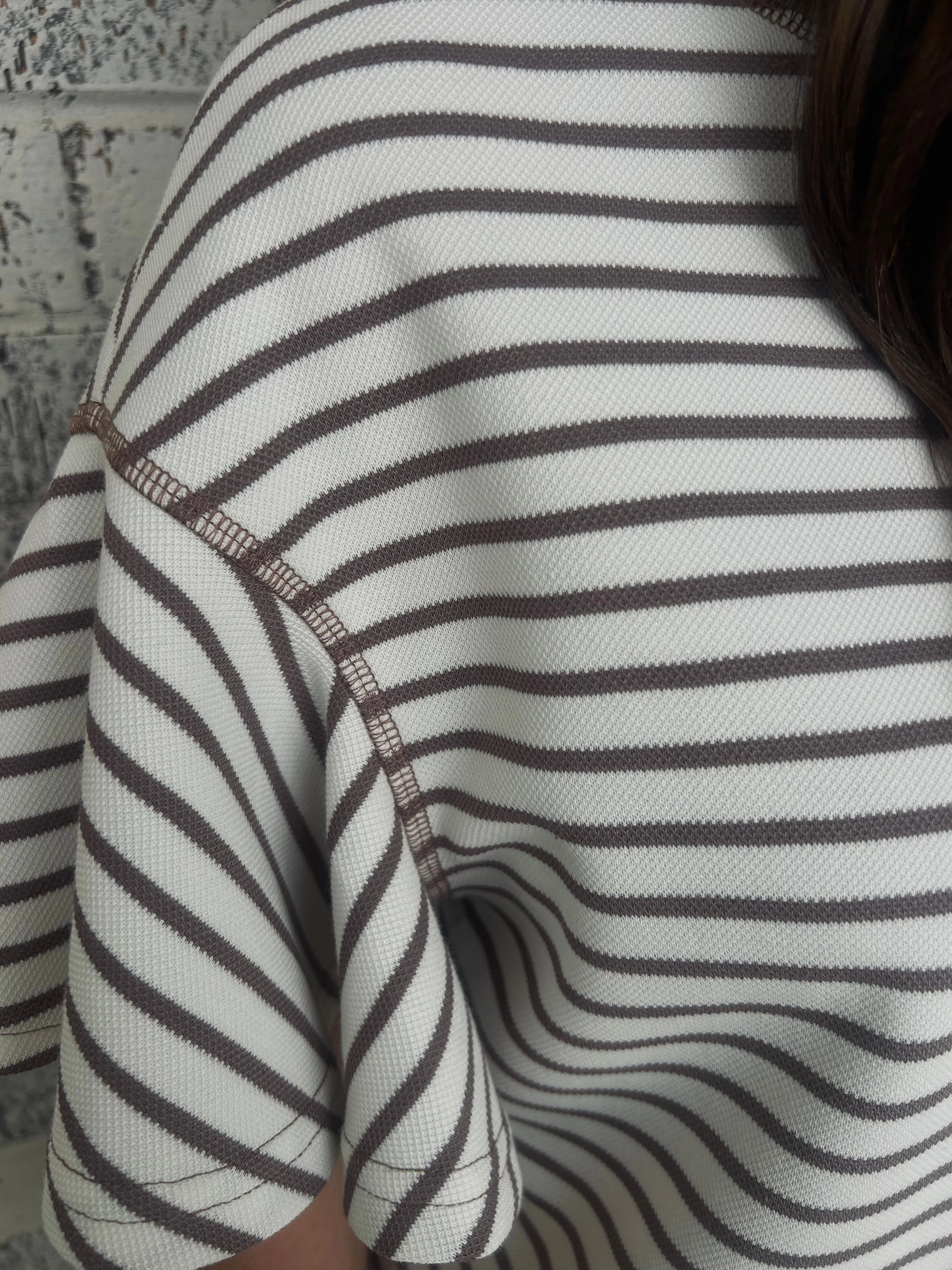 NonChafingEdges Stretch Fit Engineering Parchment Contrast Striped Ruffle Short Sleeve Top