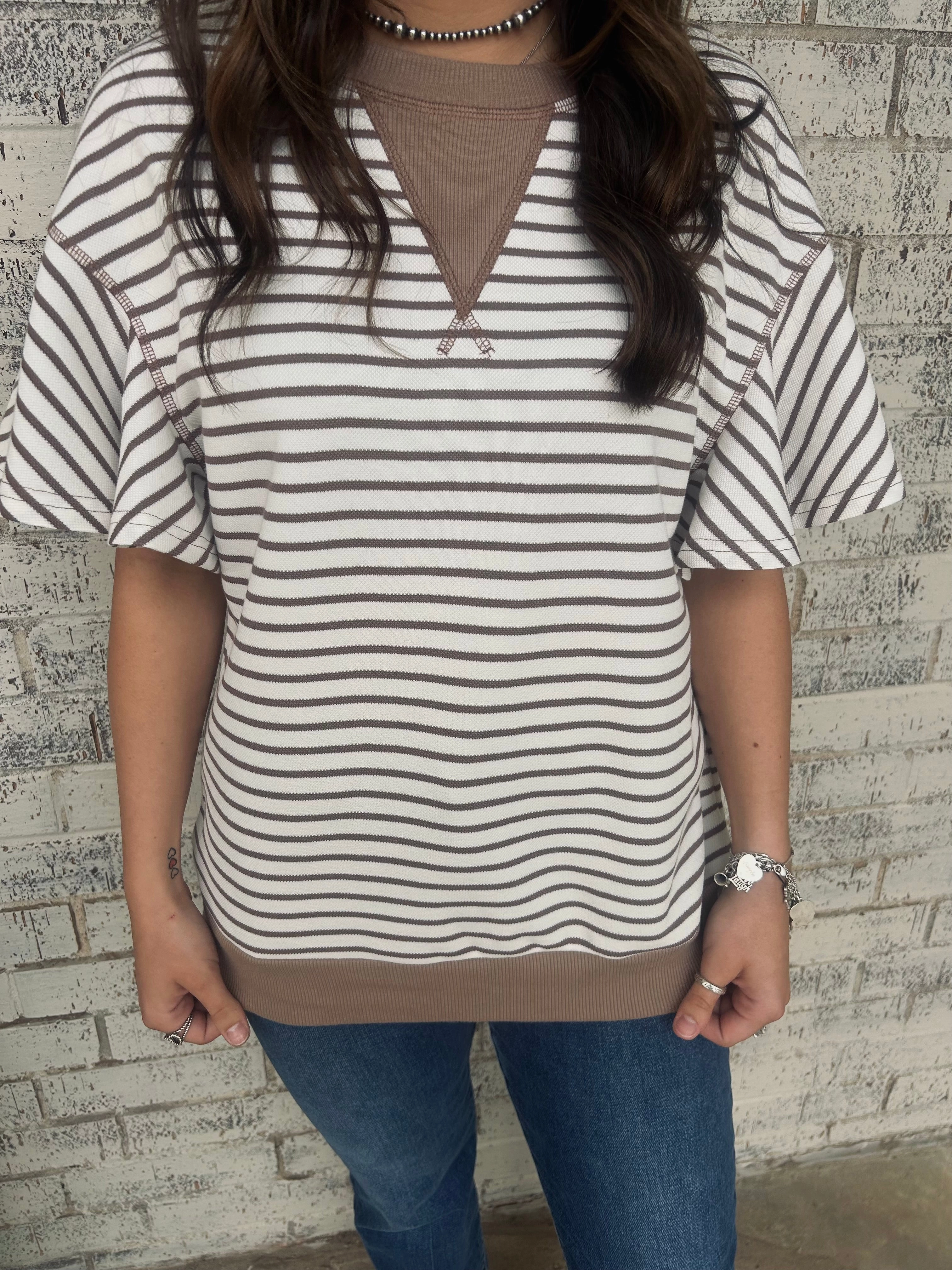 Parchment Contrast Striped Ruffle Short Sleeve Top Modern Polo MultiPocket Design