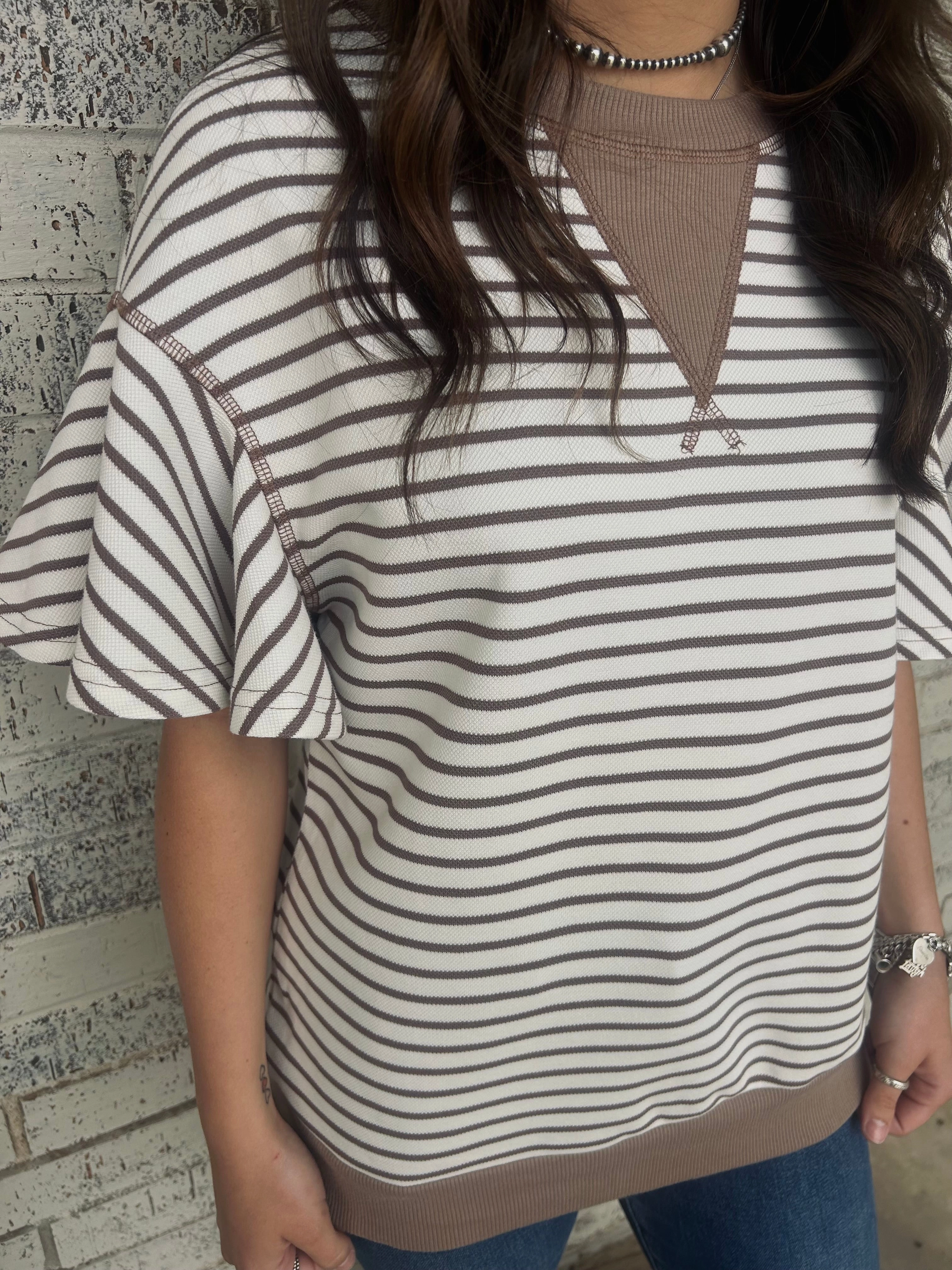 ButtonlessClosure Parchment Contrast Striped Ruffle Short Sleeve Top