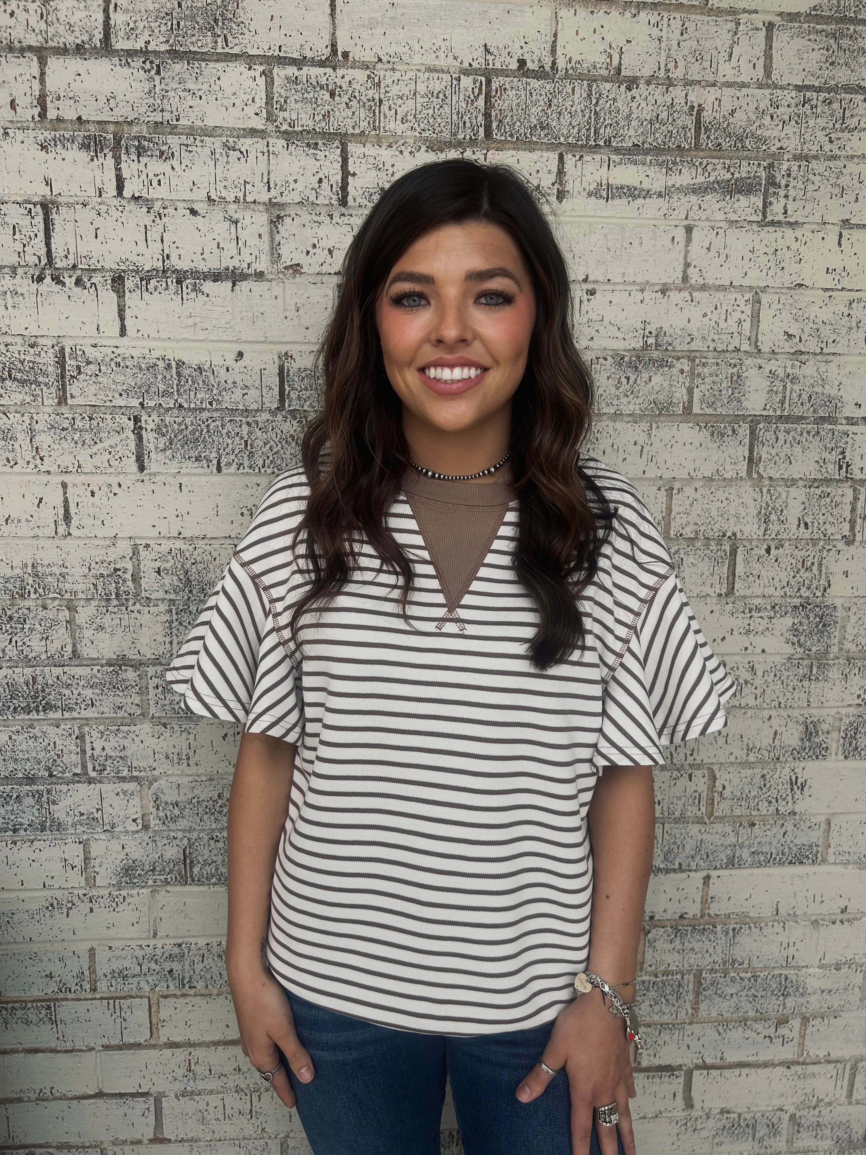 Parchment Contrast Striped Ruffle Short Sleeve Top CompressionFit Smooth Stitching