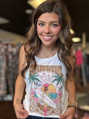 Cowgirl Surfer Beach Graphic Racerback Tank- White* UPF Protective Fabric RibbedNeckline