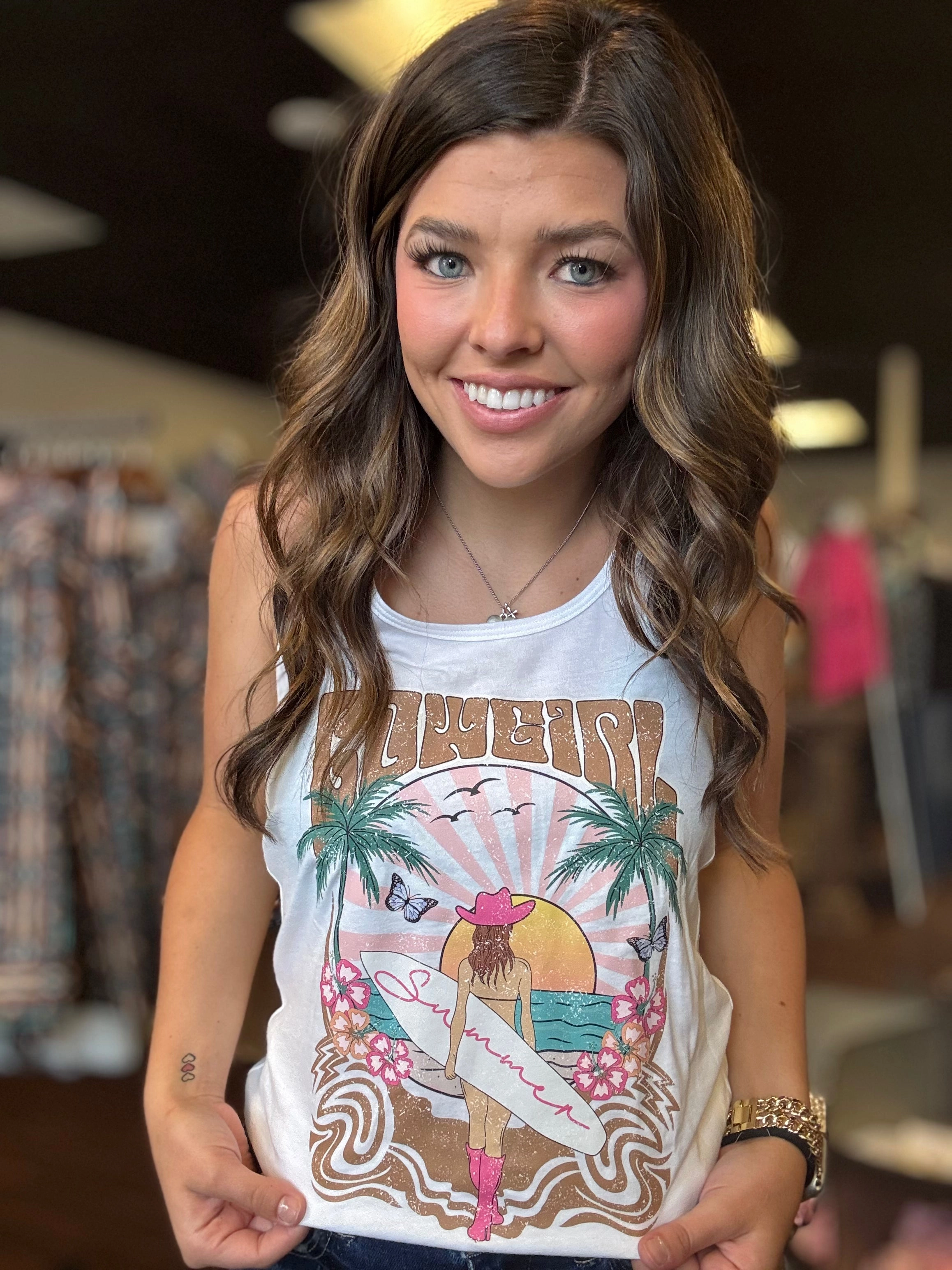 Cowgirl Surfer Beach Graphic Racerback Tank- White* OEKOTEX Certified Fabric RibbedCollar