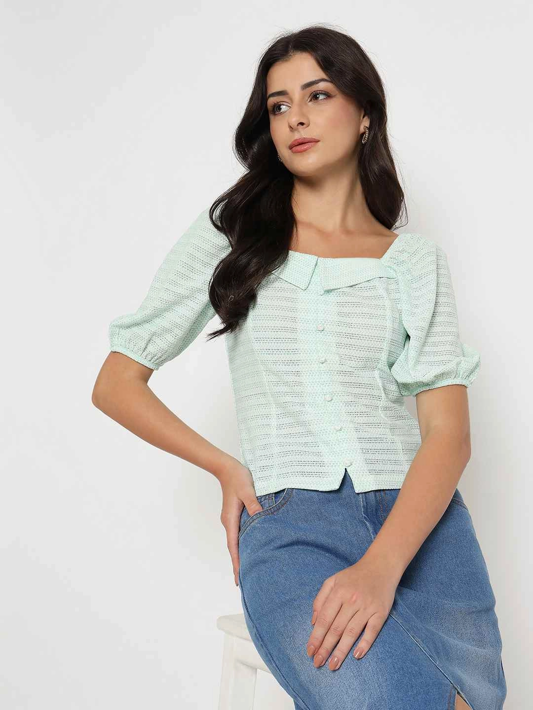 BreathableFabricTech SlimFit Madame Tie Detail Off Shoulder Turquoise Top