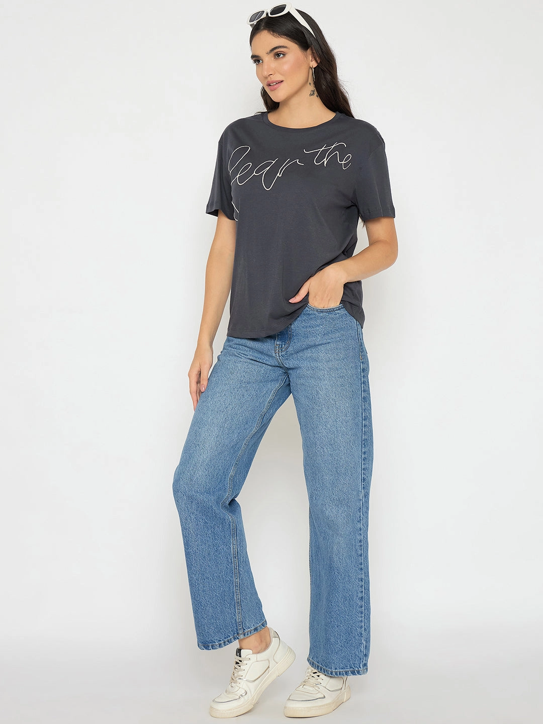 UltraSoft Blend All Season Wear Fabric Madame Typography Print Charcoal Black Cotton T-shirt