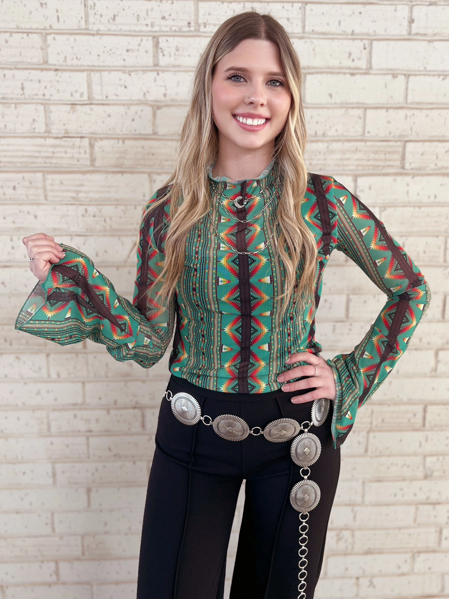 NonToxic Certification Green Southwestern Aztec Bell Sleeve Mesh Top