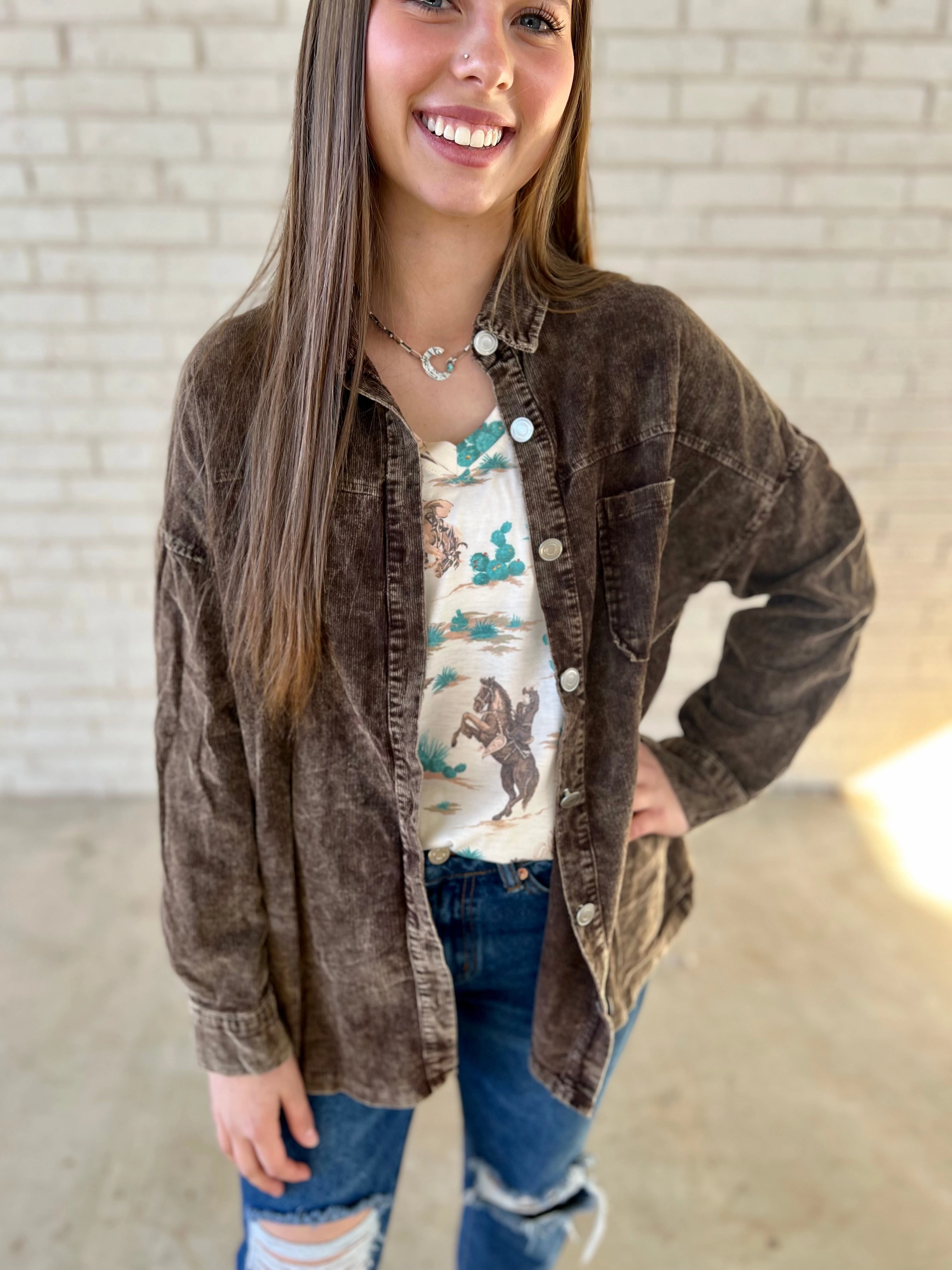 DoubleStitched Hemming AllDay Comfort PLUS Brown Acid Wash Corduroy Shacket