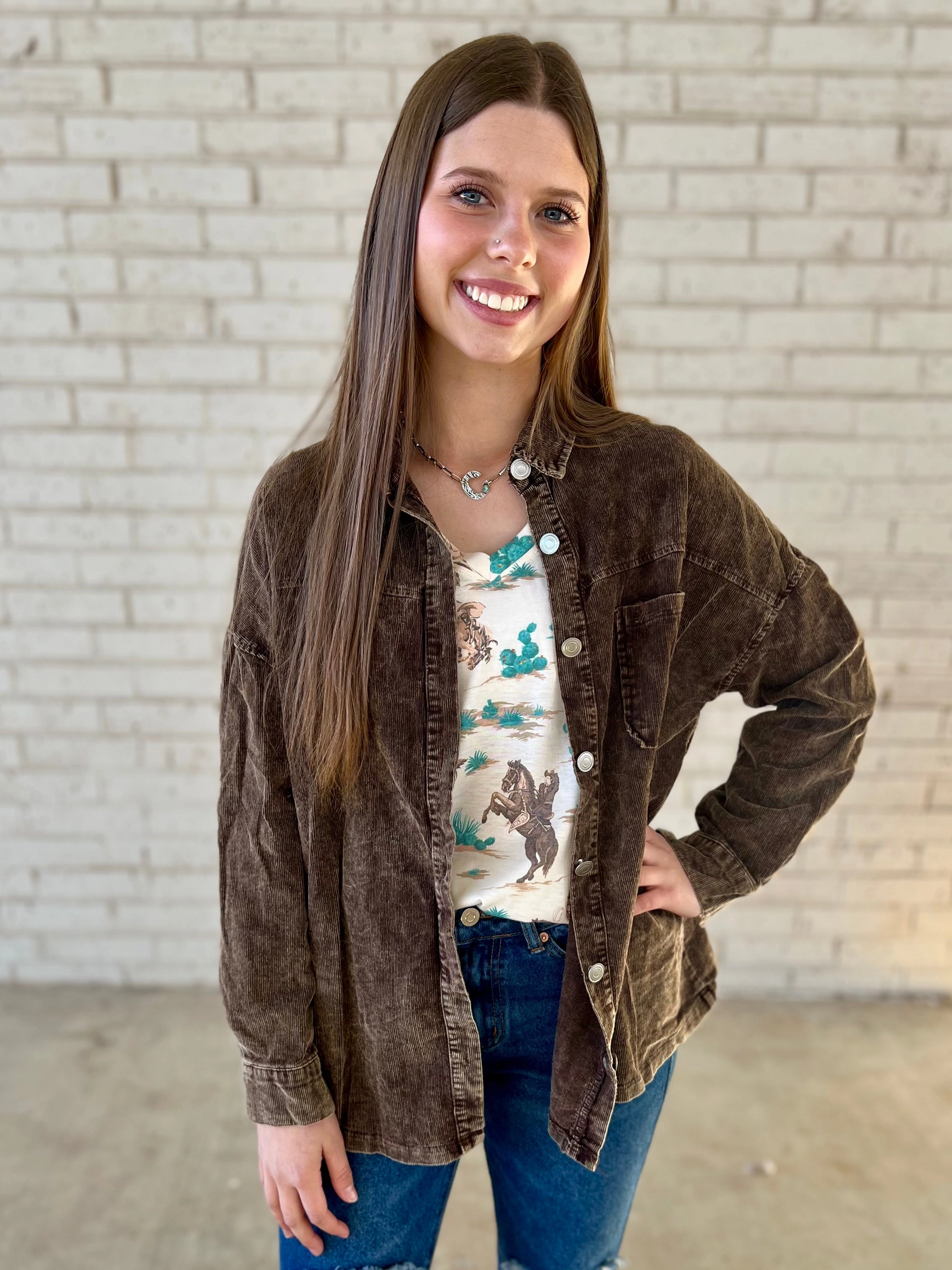 PLUS Brown Acid Wash Corduroy Shacket Simple Shirt