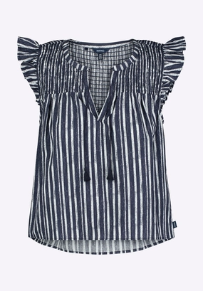 Modern Look Perfect Wear Alda Women's Vertical Stripe Sleeveless Ruffle Top with Smocked Yoke, Indigo - WT0157P
