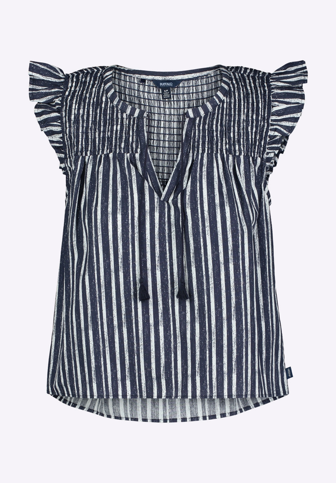 Alda Women's Vertical Stripe Sleeveless Ruffle Top with Smocked Yoke, Indigo - WT0157P Durable Material