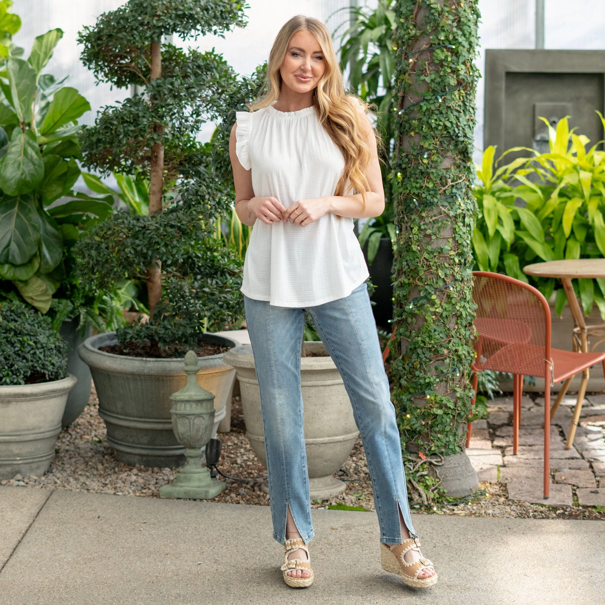 Linen blend Water Repellent Finish Alexis Sleeveless Ruffle Neck Top