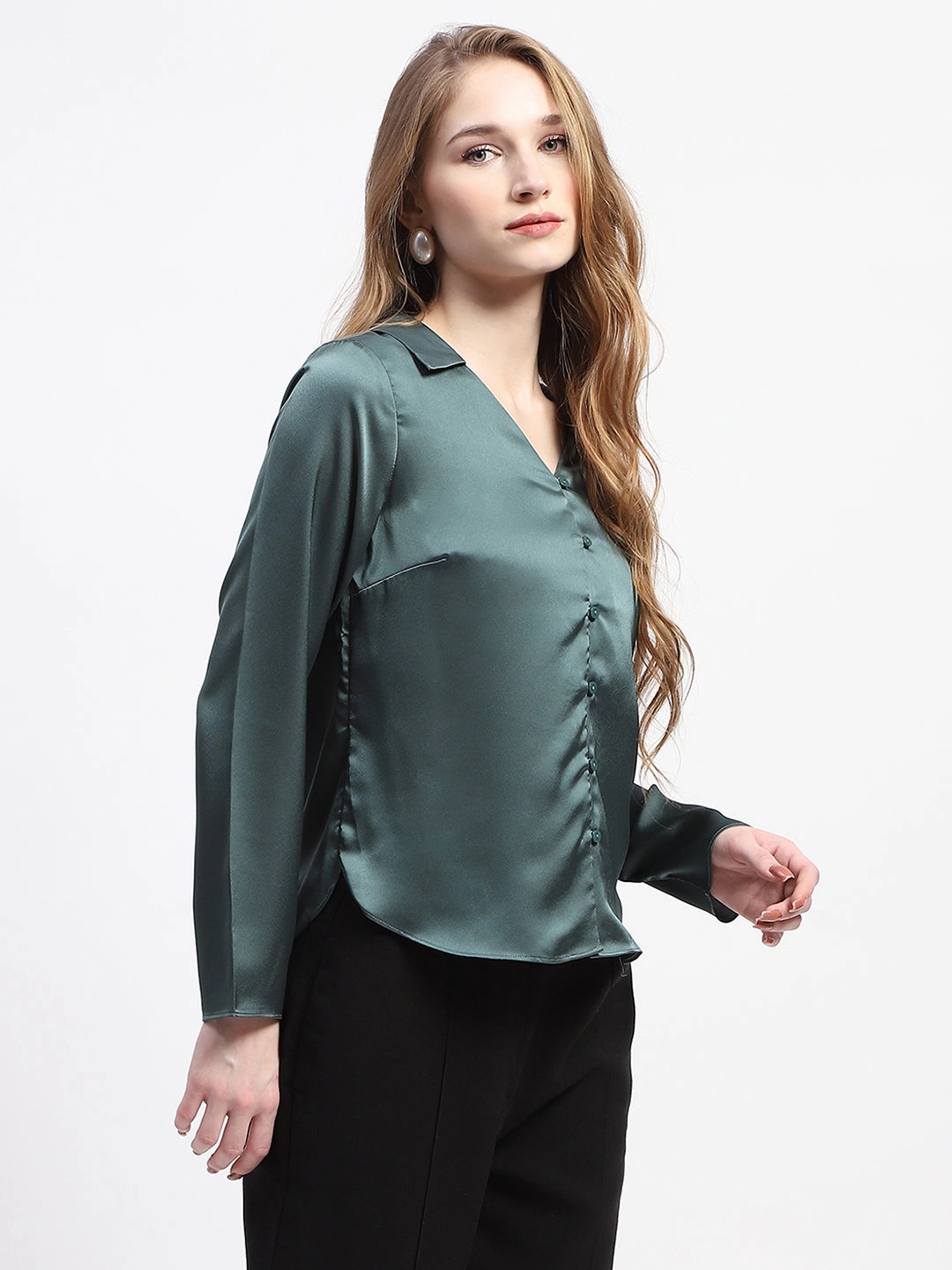 Madame Satin Bell Sleeve Collared Solid Jade Green Top Sleek Style