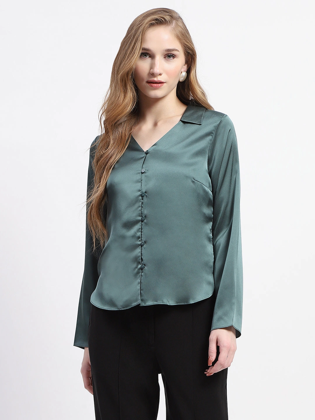 Madame Satin Bell Sleeve Collared Solid Jade Green Top Plus Size Sleeveless Cut