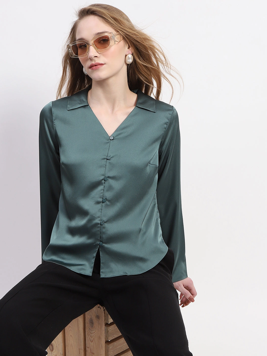 Luxury Feel Madame Satin Bell Sleeve Collared Solid Jade Green Top