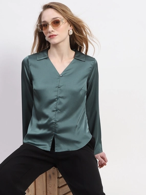 Luxury Feel Madame Satin Bell Sleeve Collared Solid Jade Green Top