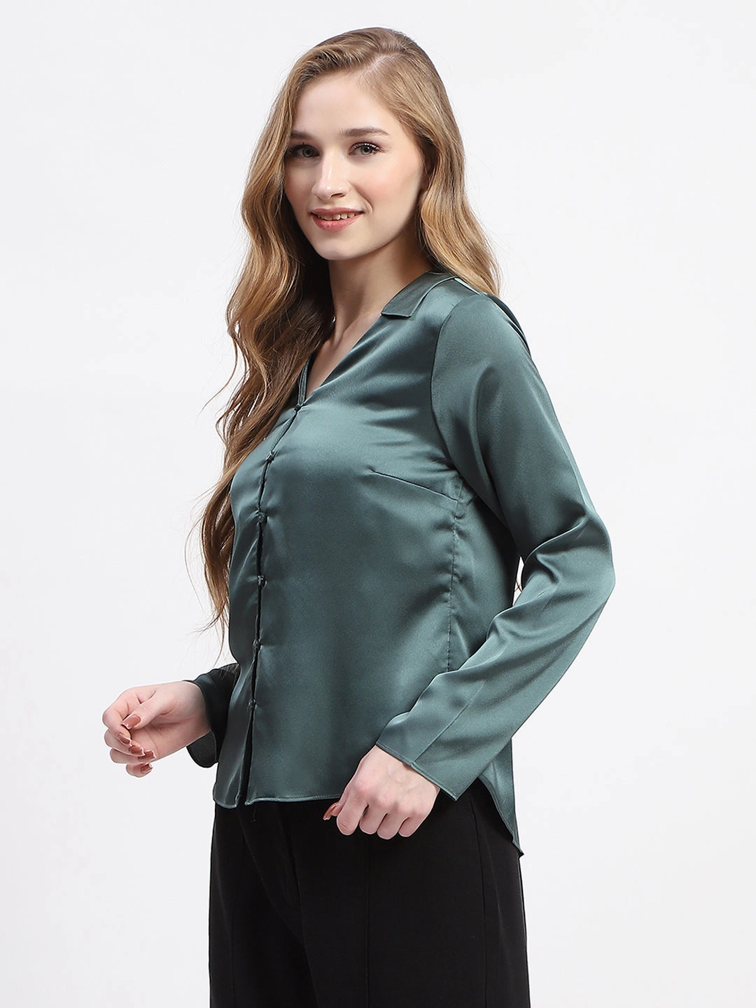Madame Satin Bell Sleeve Collared Solid Jade Green Top Plus Size Fit Chic Layer