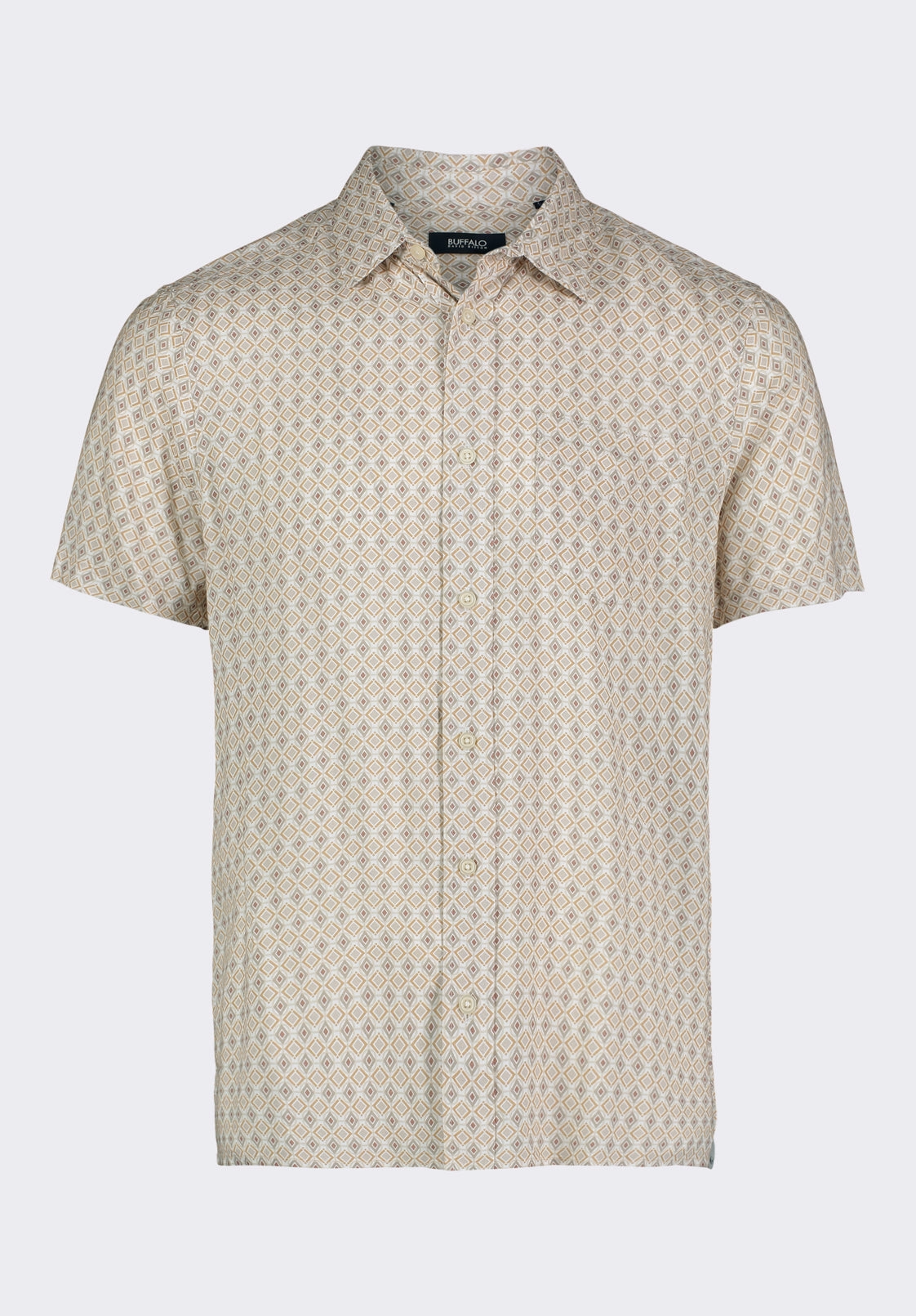 Sirilo Men's Short Sleeve Fitted Shirt with Geometric Print, Milk - BM24652 Customizable Option Casual Chic