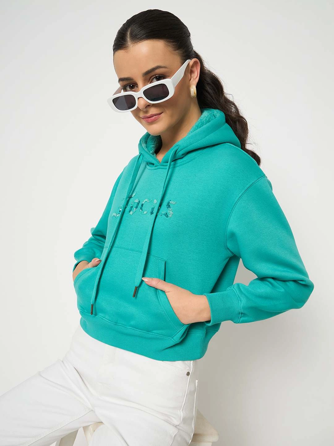 Madame Fleece Placement Printed Handwork Detailed Turquoise Sweatshirt Chic Comfort