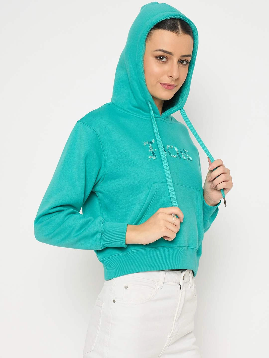 product semi formal appeal Madame Fleece Placement Printed Handwork Detailed Turquoise Sweatshirt