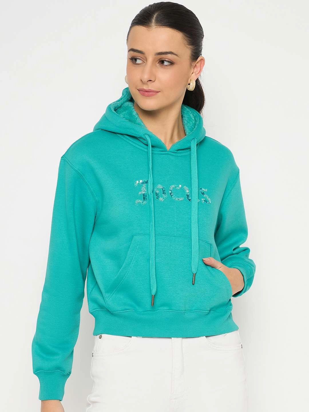 Cozy Warmth Madame Fleece Placement Printed Handwork Detailed Turquoise Sweatshirt