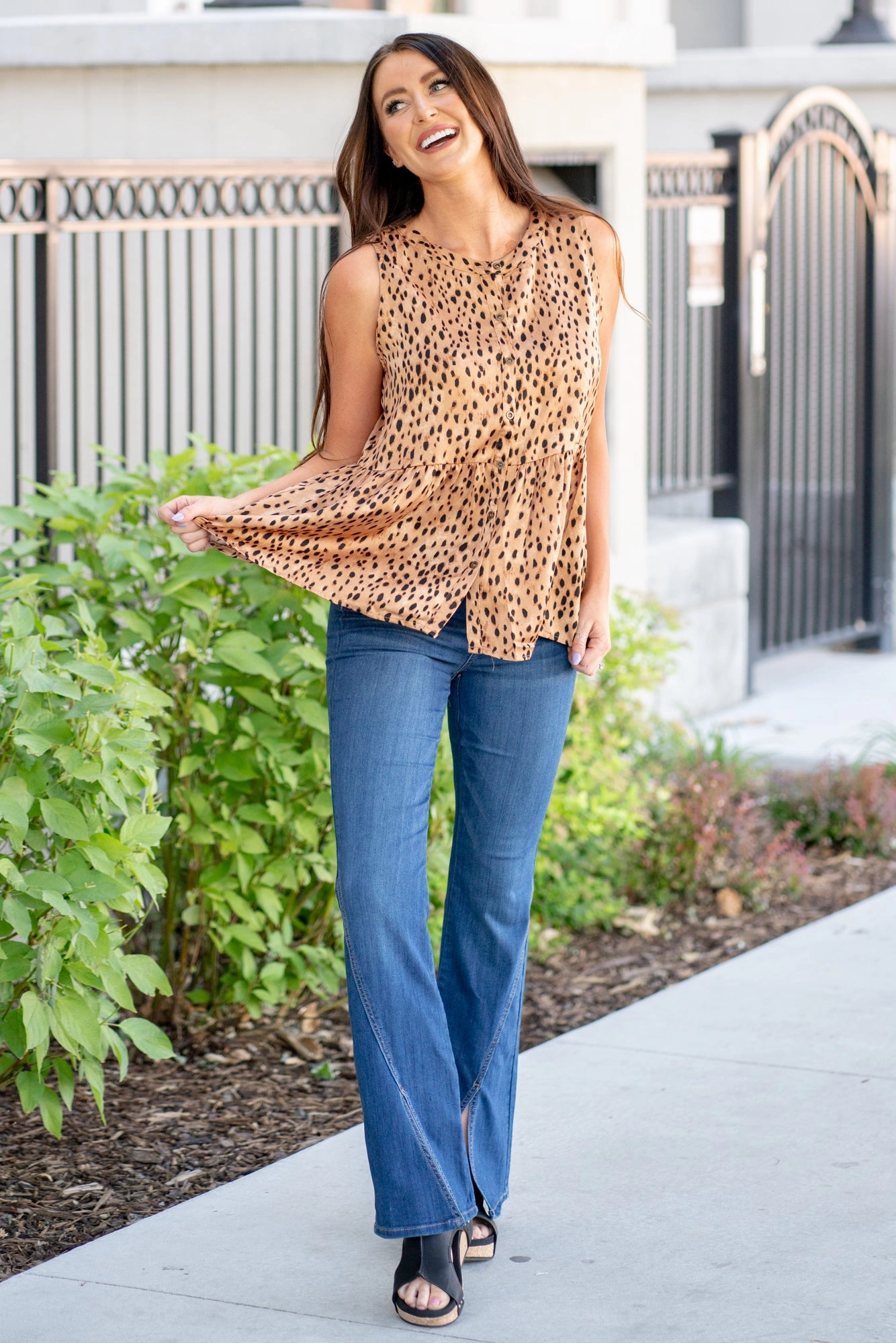 Leopard Sleeveless Blouse - Camel Checkered Print