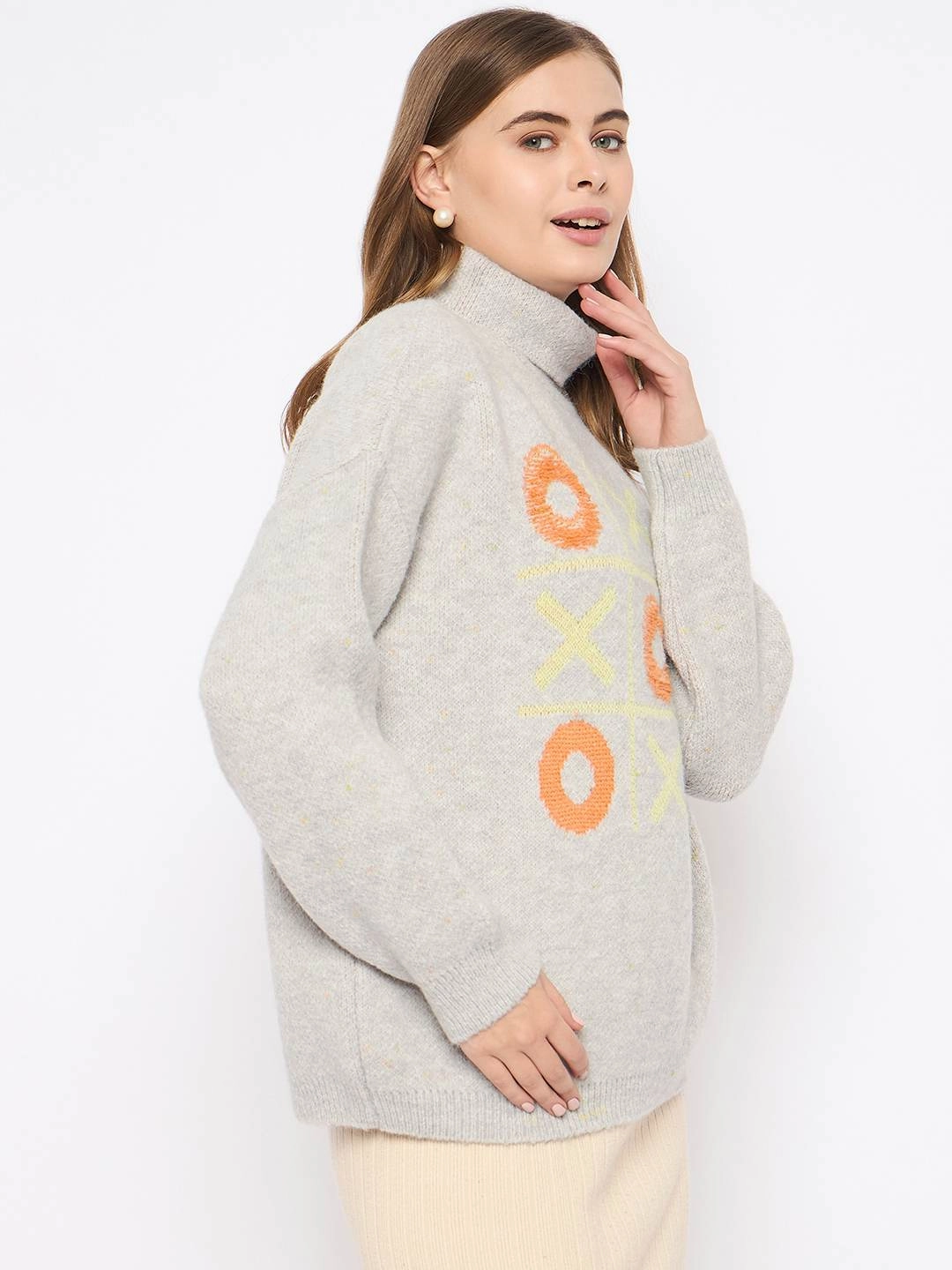 Versatile knitwear Madame Graphic Printed Turtleneck Grey Sweater