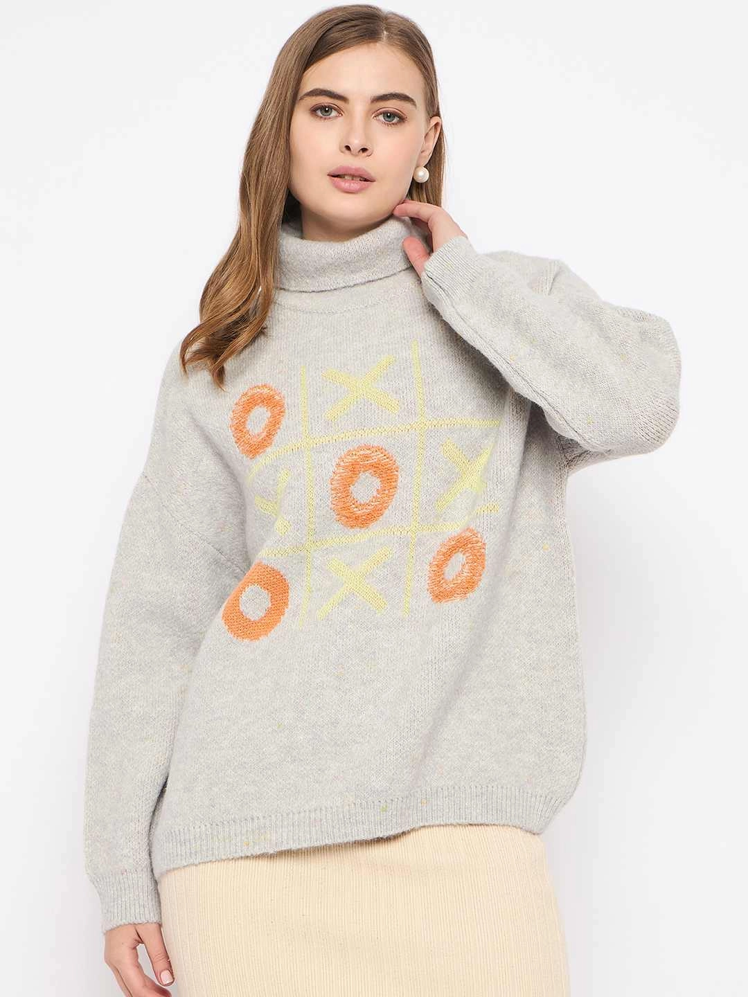 Light Warmth Sport Performance Fit Madame Graphic Printed Turtleneck Grey Sweater