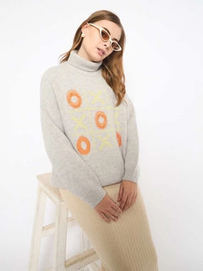 Madame Graphic Printed Turtleneck Grey Sweater Compression Fit Technology Cozy Layers