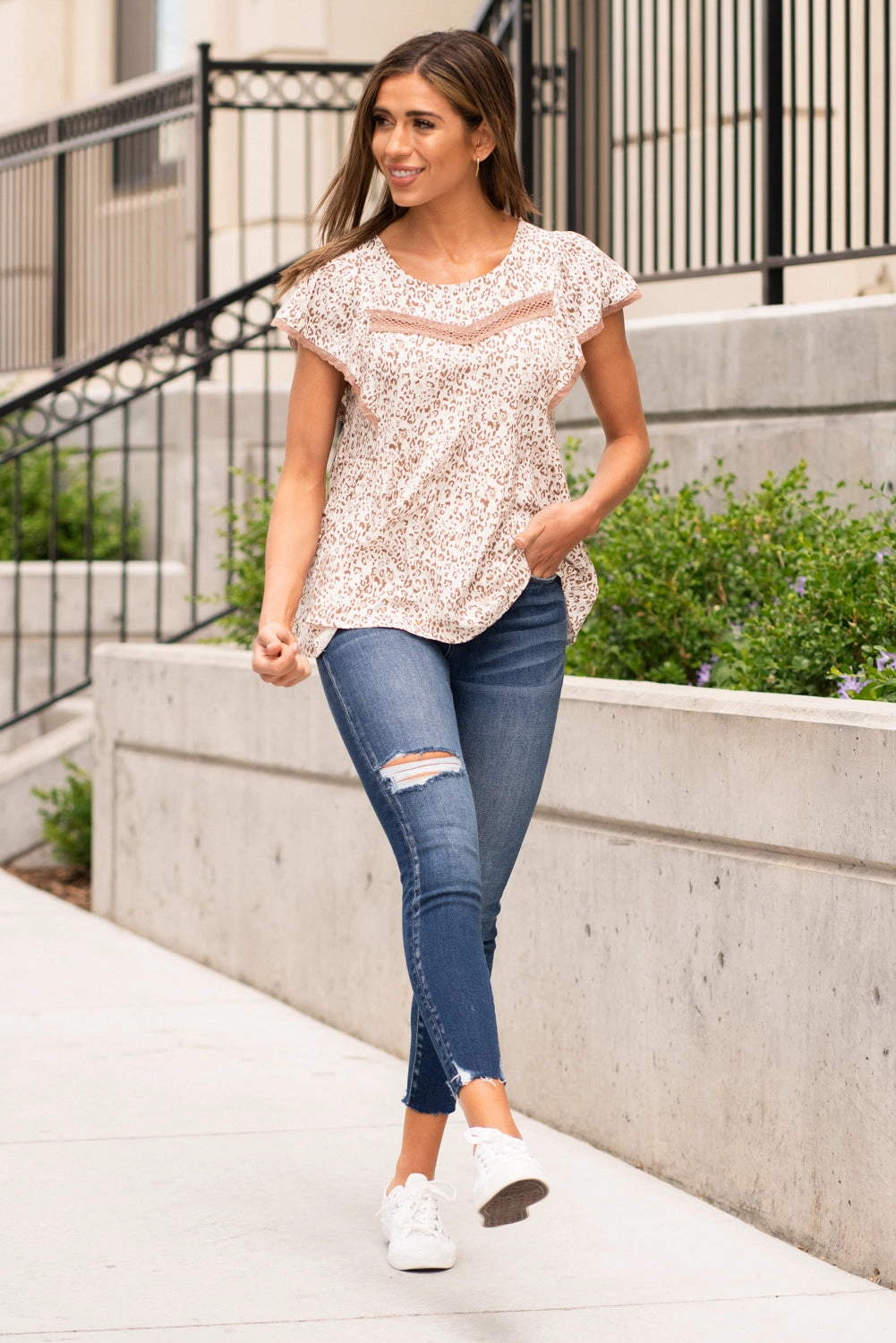 Lakeside Relaxation Leopard Ruffle Sleeve Peplum Top