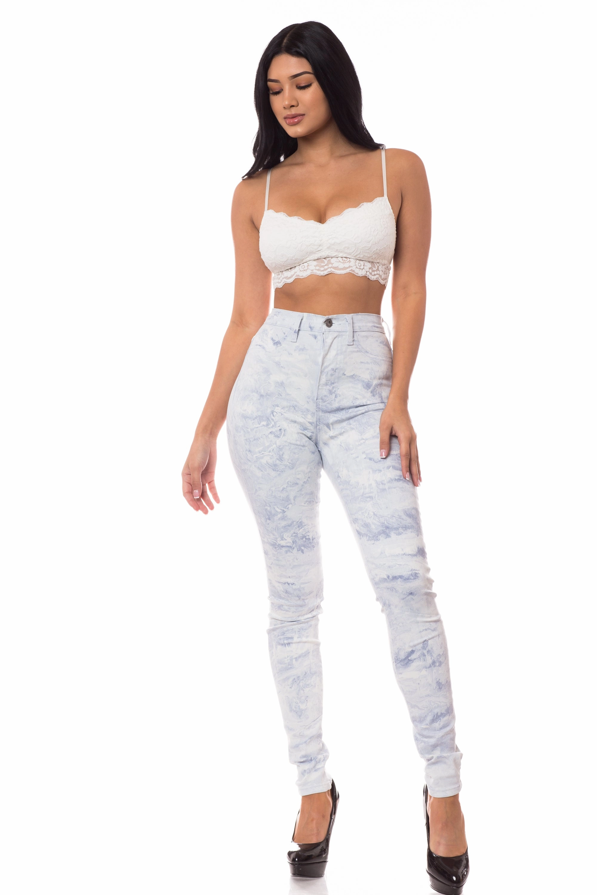 Multi Layer Knee Reinforcement school outfit 4379 Women's High Waisted Marble Washed Skinny Jeans