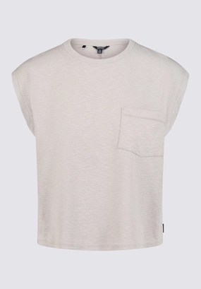 Moisture Control Technology Tagless Comfort Collar Amandine Women's Cap-Sleeve Crop Top, Tan - KT0149S