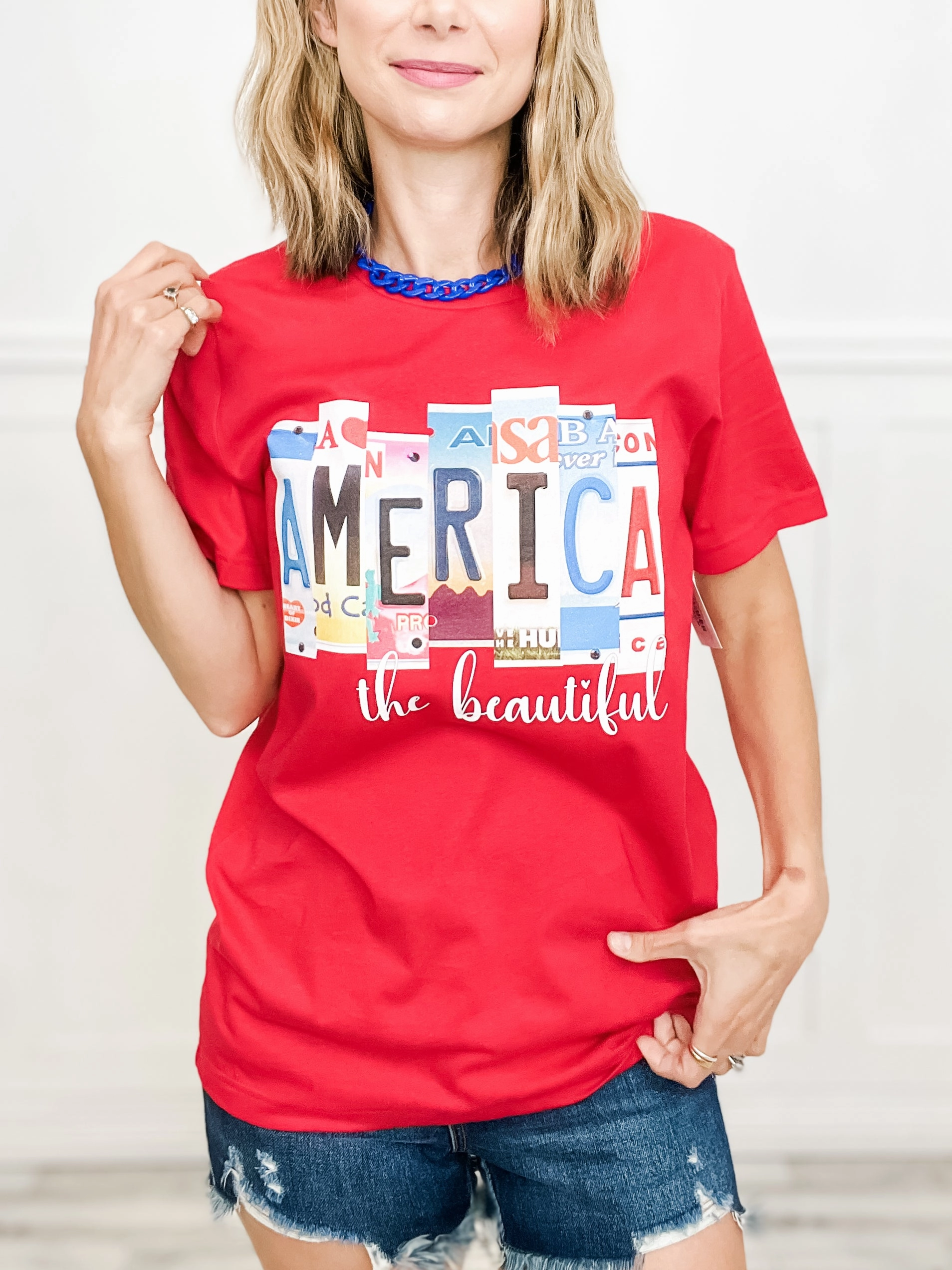 Sporty Style Multipanel Construction America The Beautiful License Plate Graphic Tee