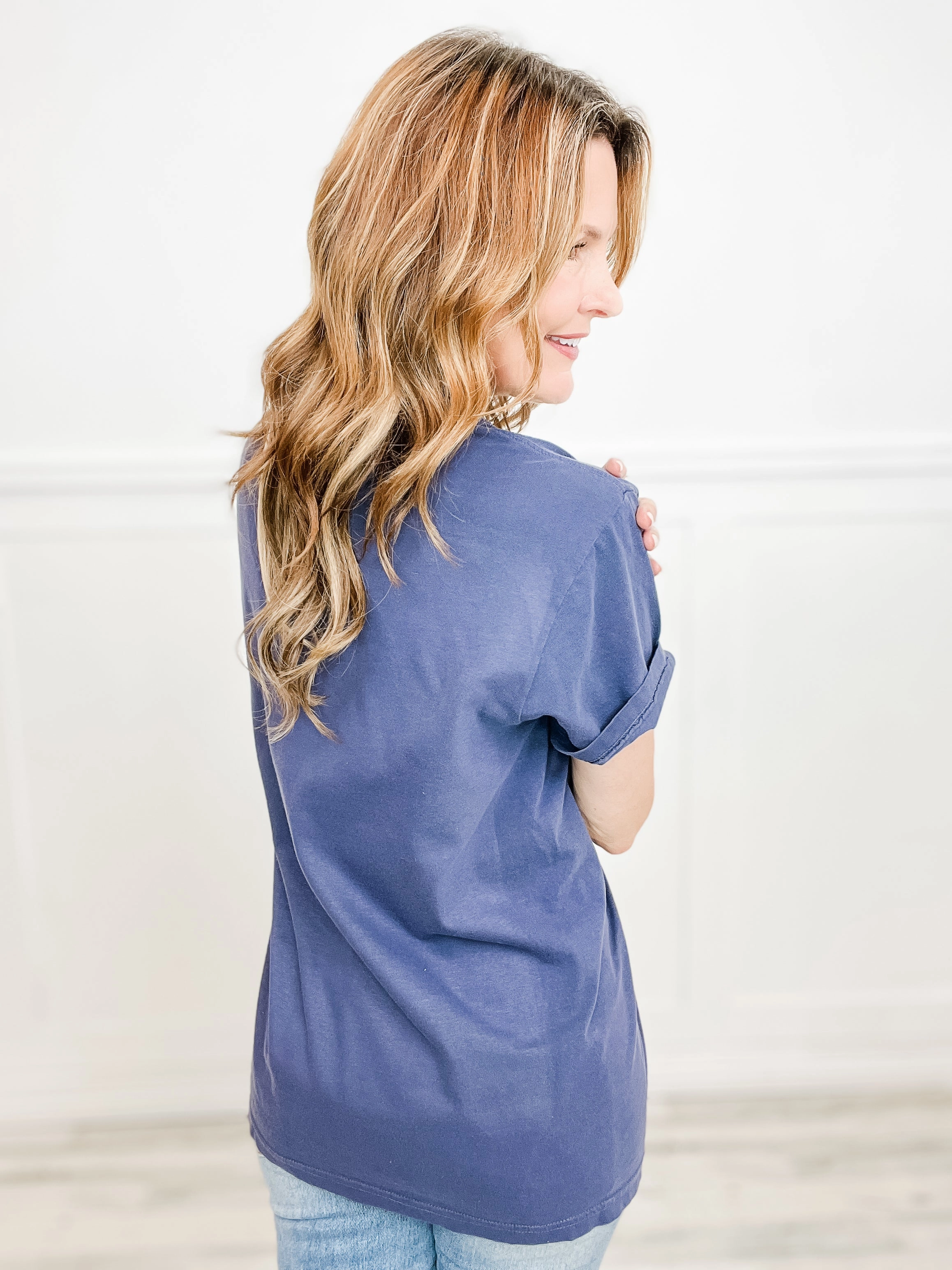 America The Beautiful With a Bow Graphic Tee Oversized Silhouette FeatherlightConstruction