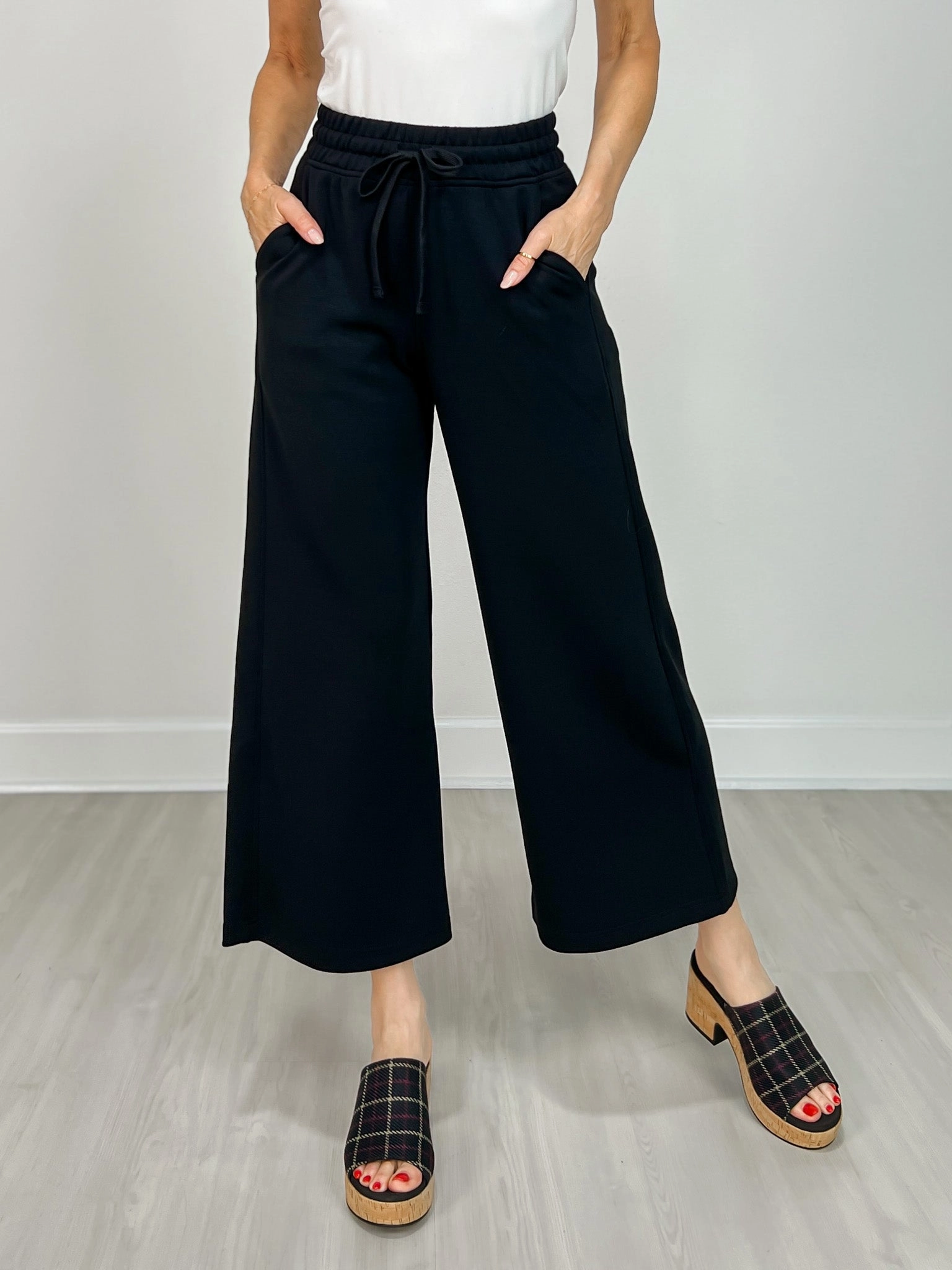 Modal Scuba Cropped Wide Pant in Black Odor Control Fabric clean look