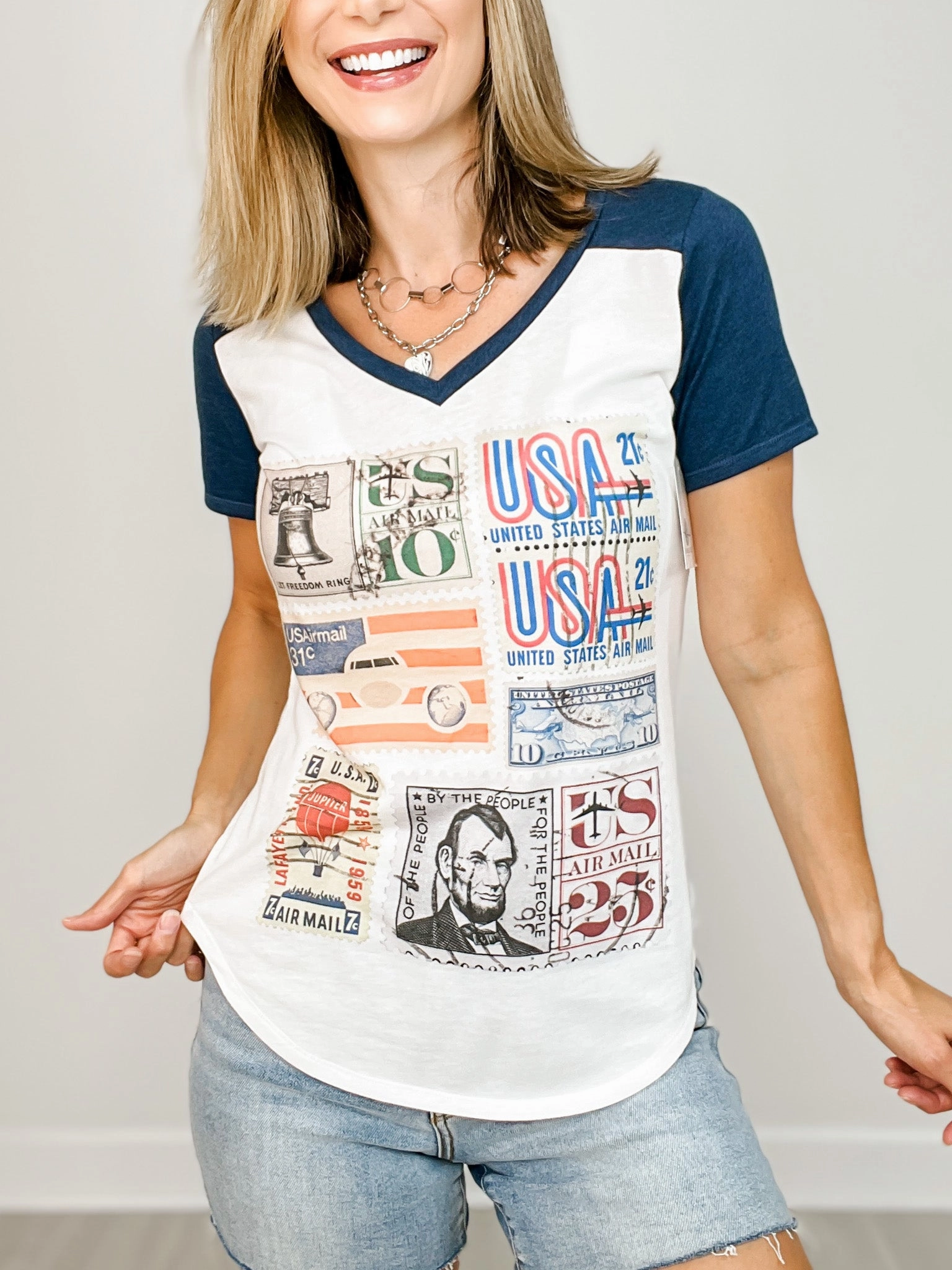 Low Profile Stitching Vintage US Airmail Stamps Vneck Graphic Tee