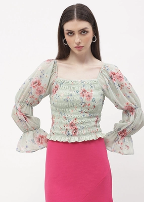 HypoallergenicConstruction Ergonomic Shoulder Shape Madame Floral Mint Green Smocked Top