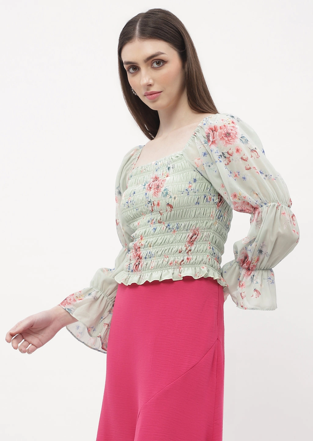 Madame Floral Mint Green Smocked Top Lightweight insulation Compression Gradient