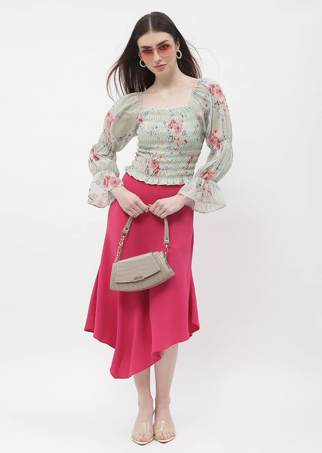 Madame Floral Mint Green Smocked Top Breathable Hoodie