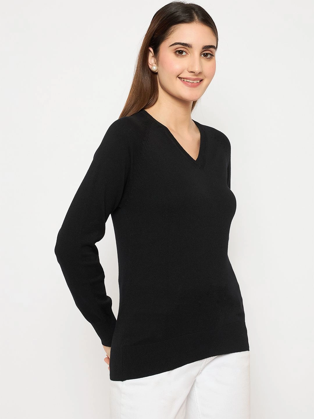 Casual Essentials Quick Fit Stretch Madame V Neck Skinny Fit Black Sweater