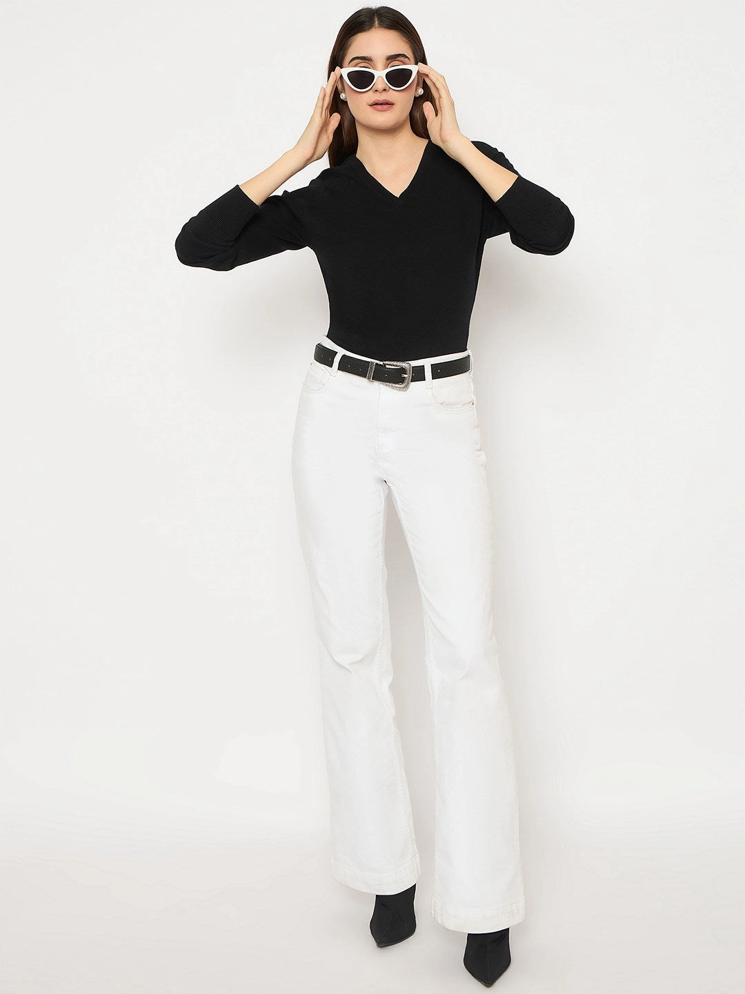 Madame V Neck Skinny Fit Black Sweater Winter Knit Layer