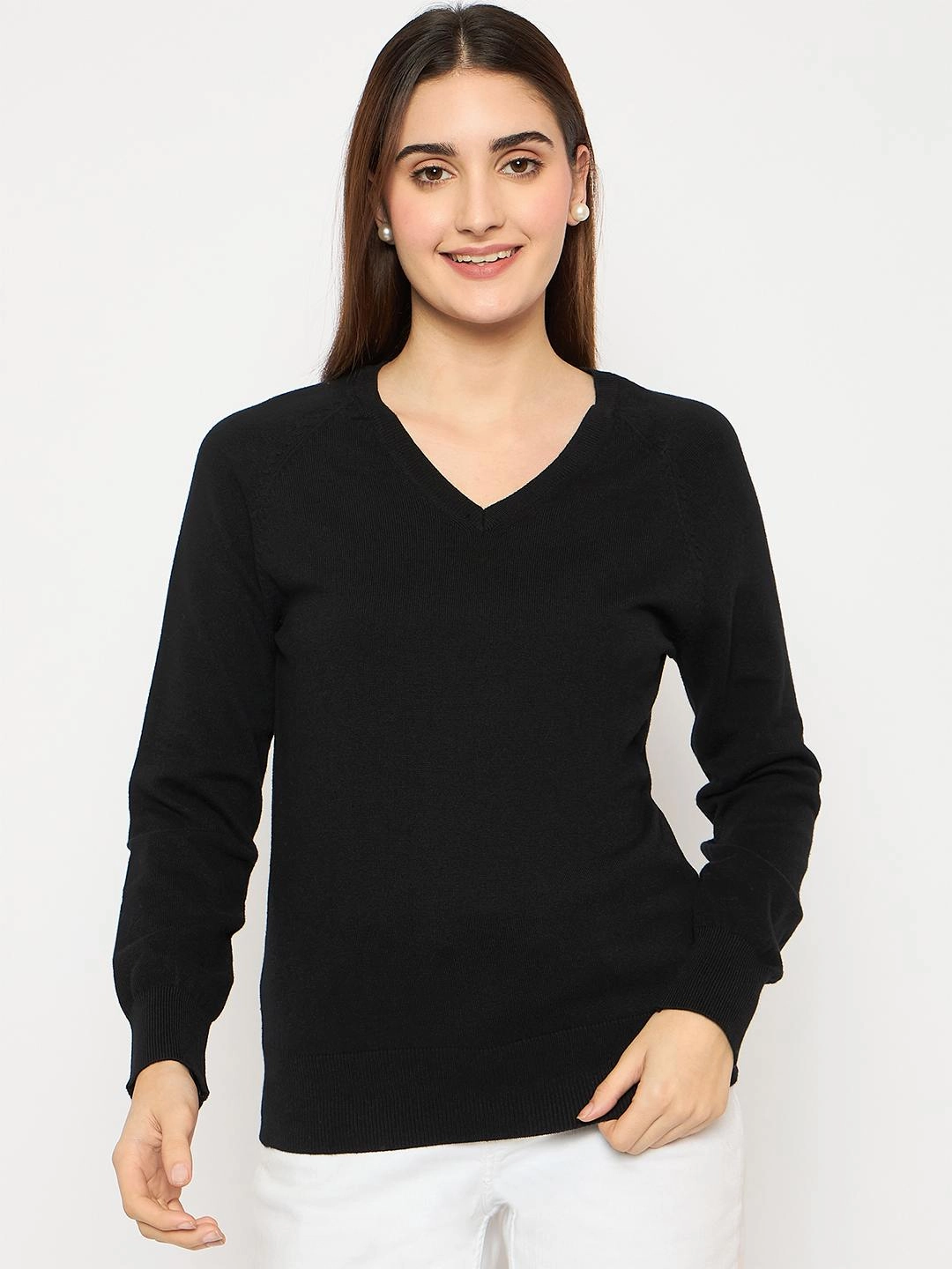 Soft and Cozy Outdoor Flex Madame V Neck Skinny Fit Black Sweater