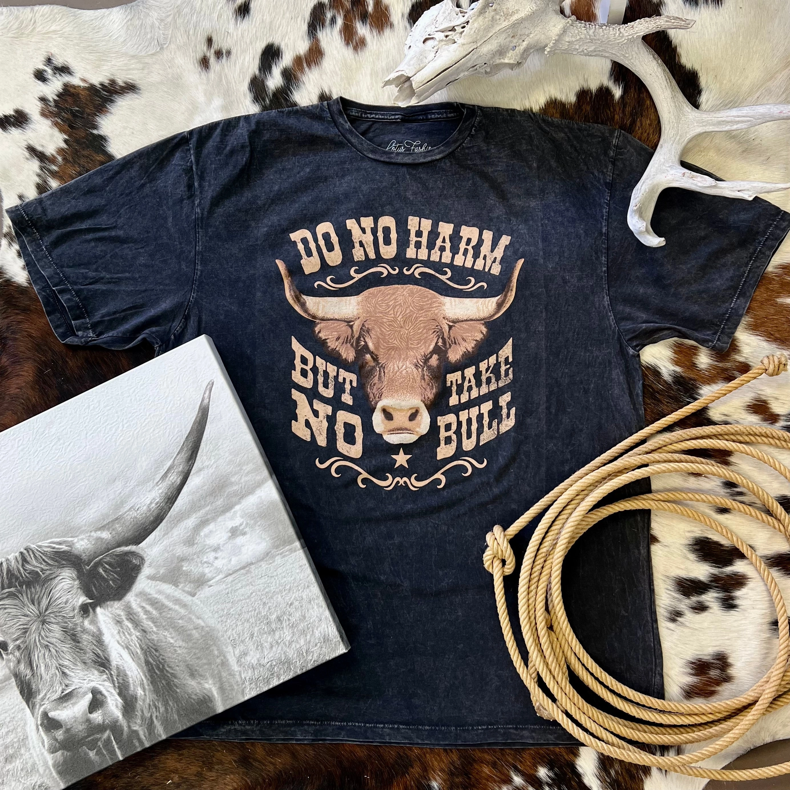 PLUS Mineral Washed Do No Harm Take No Bull Graphic Tee Four Way Stretch ContouredPanels