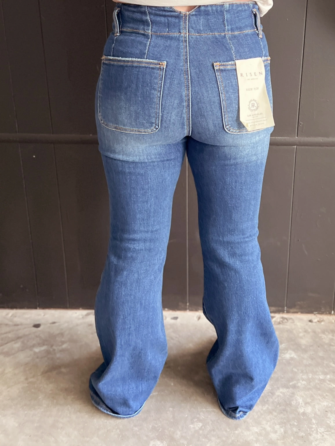 Risen Vintage Style High Rise Double Button Flare Jeans Versatile Fashion TearResistantMaterial