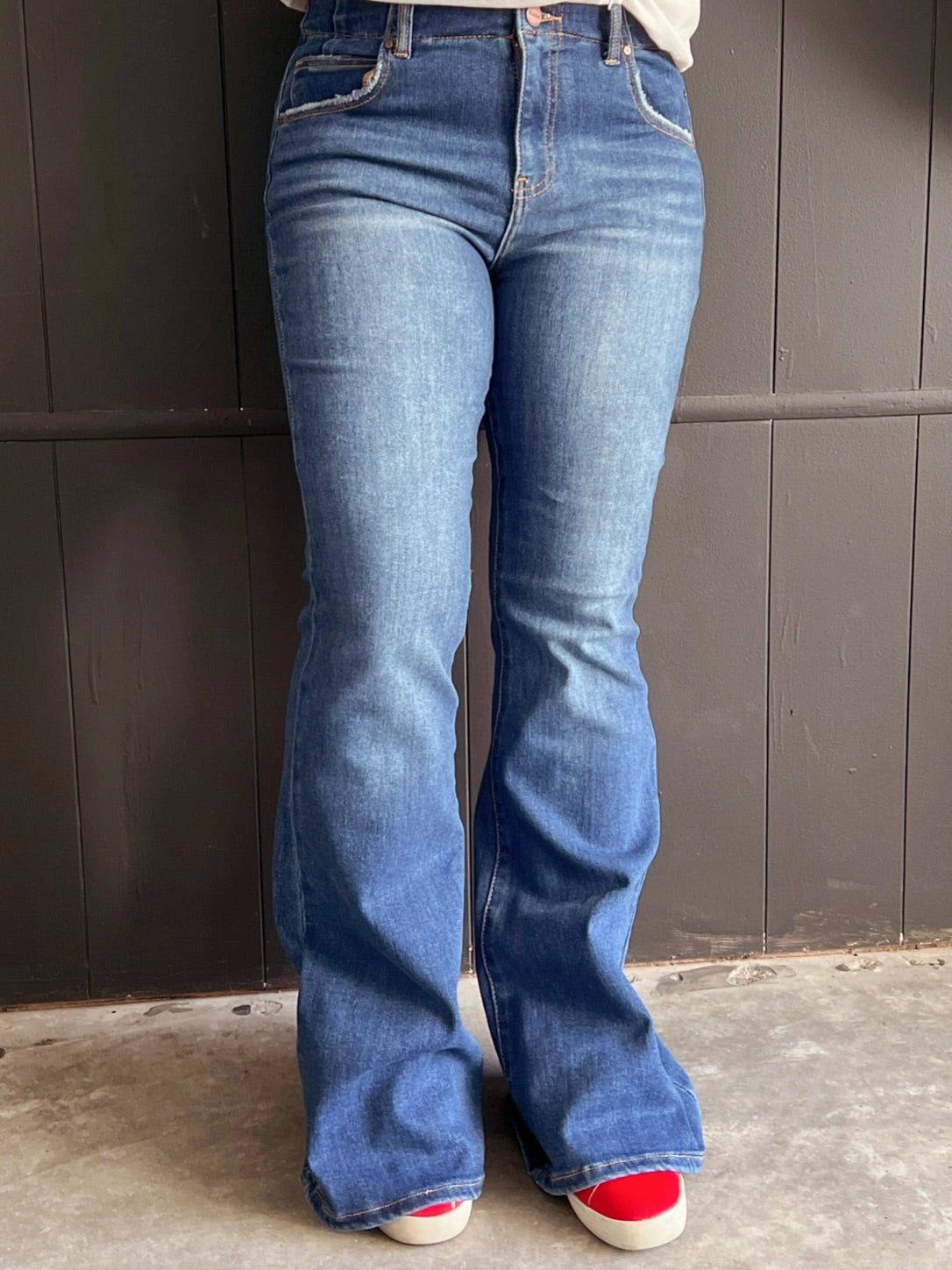 Quick Flex Risen Vintage Style High Rise Double Button Flare Jeans