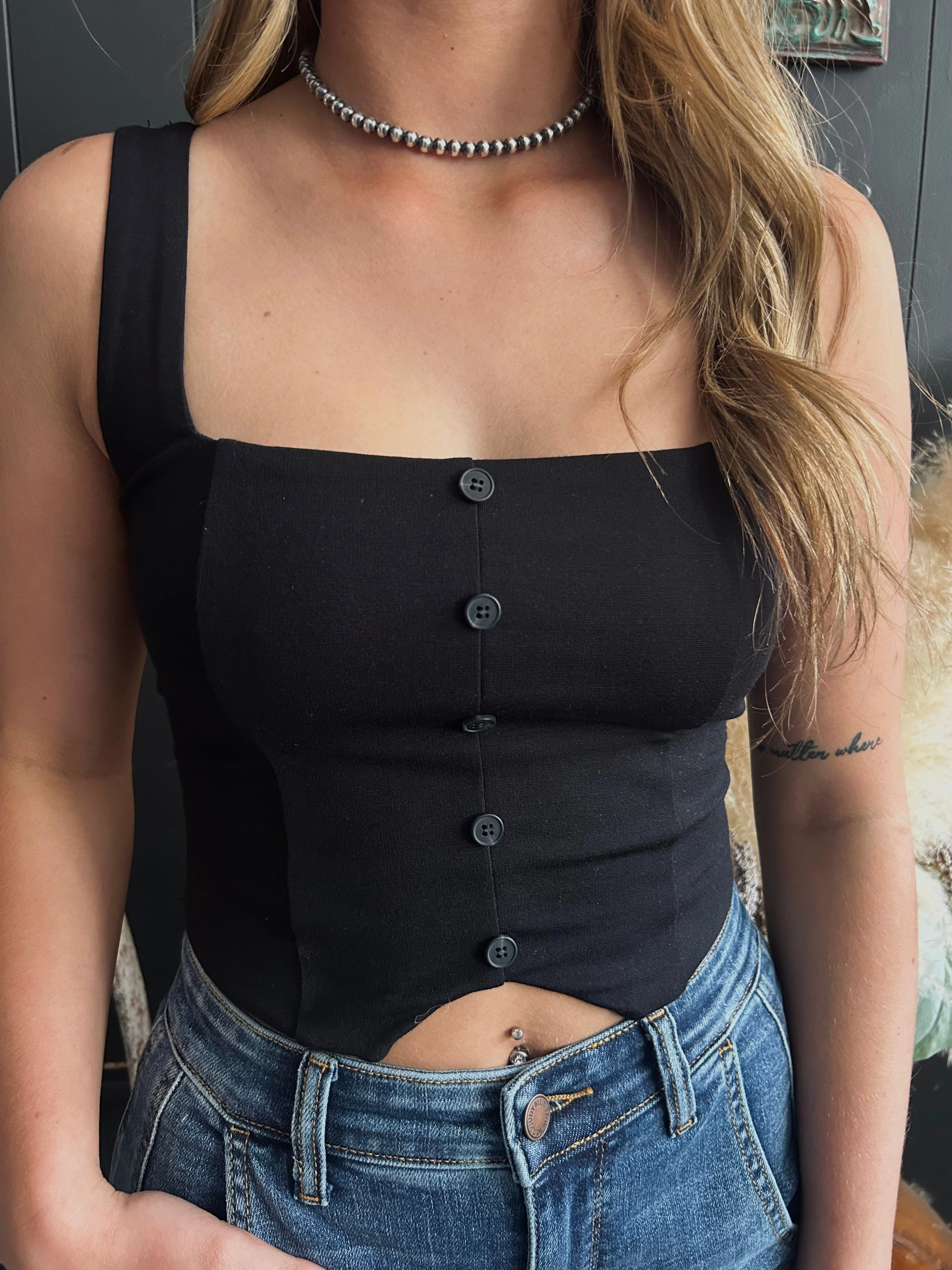 UltraFineMesh Square Neck Mock Button Sleeveless Knit Crop Top-2 Colors