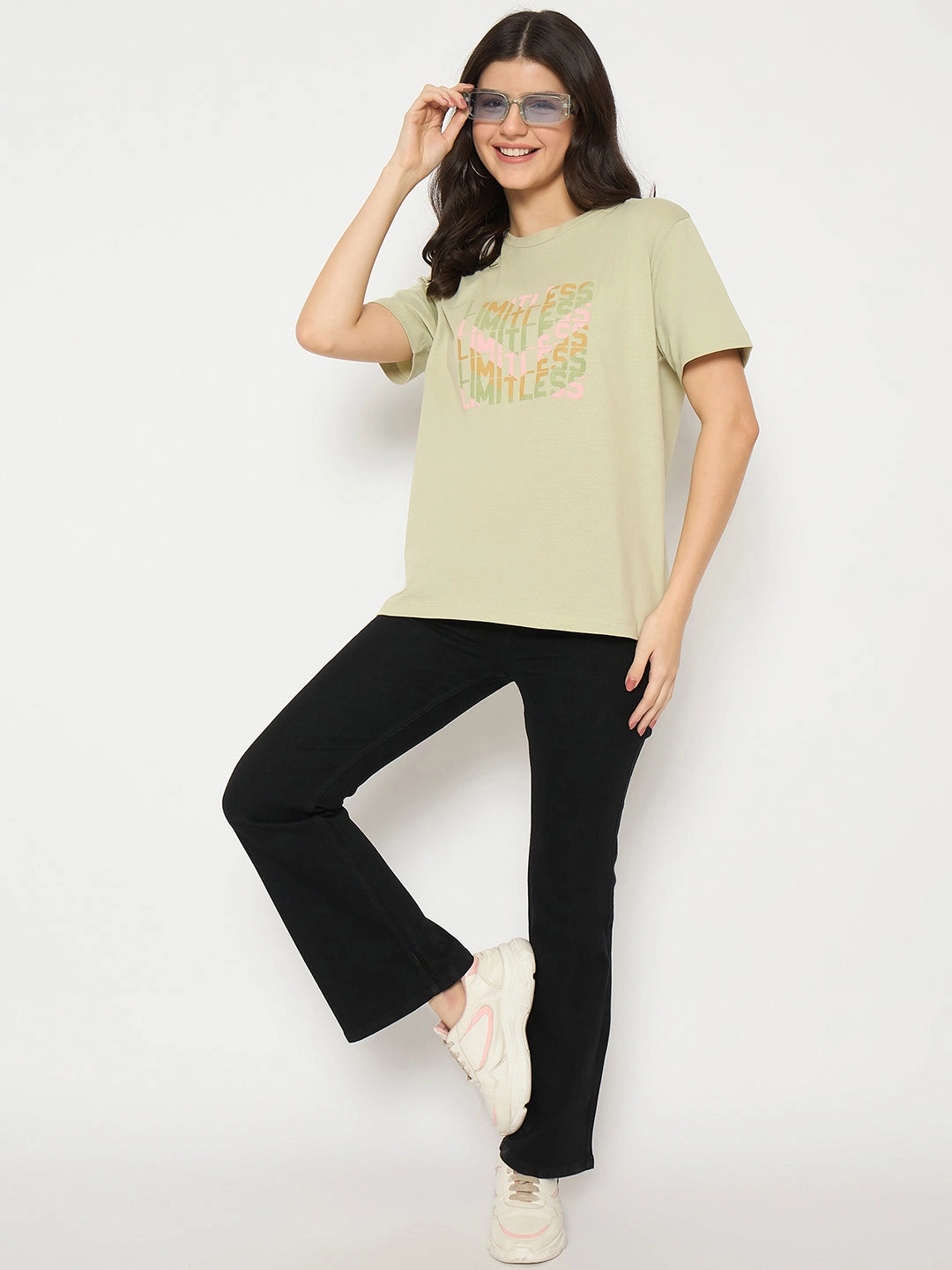 Madame Printed Pear Green Cotton T-shirt Midweight Texture