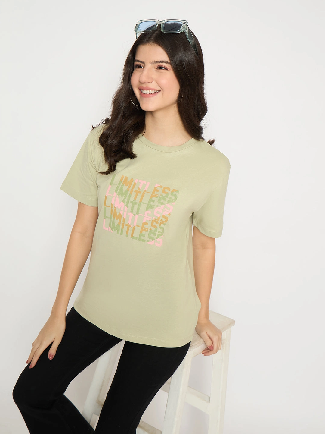 RecycledBlend Compression Fit Technology Madame Printed Pear Green Cotton T-shirt