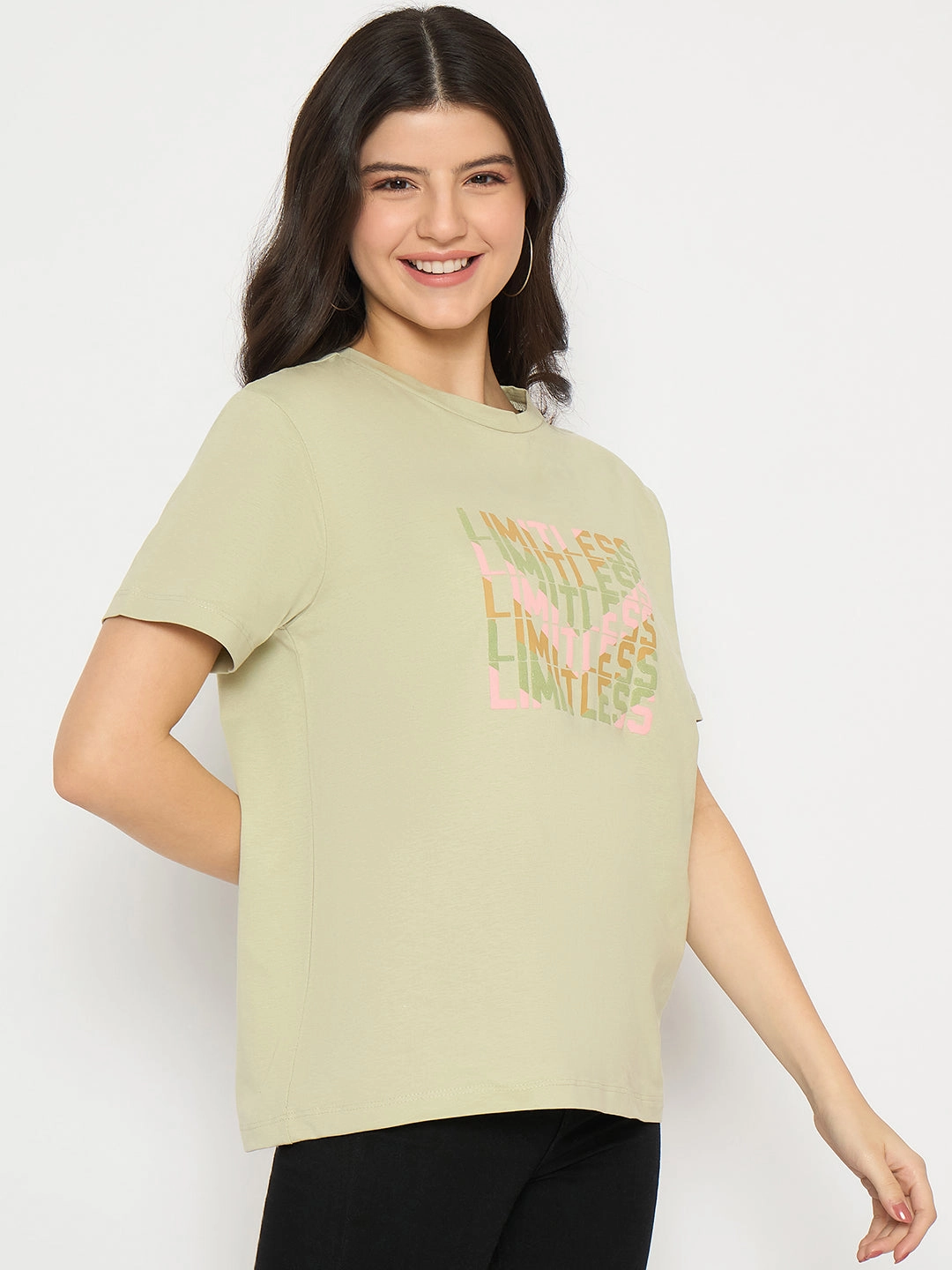 Madame Printed Pear Green Cotton T-shirt SeamlessKnitConstruction